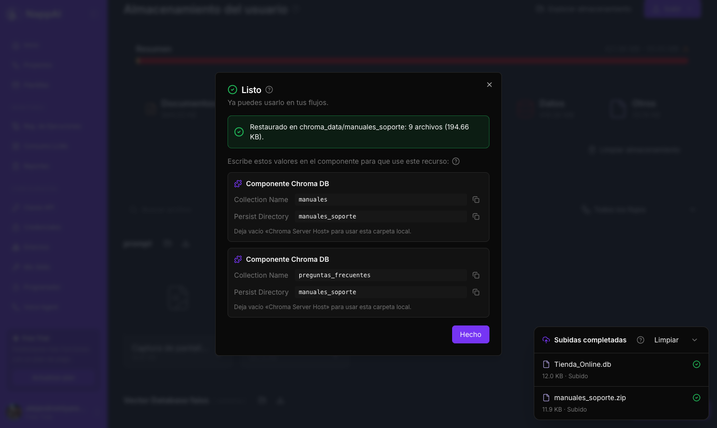El resultado de subir una base Chroma: la carpeta restaurada y el Collection Name y Persist Directory para Chroma DB