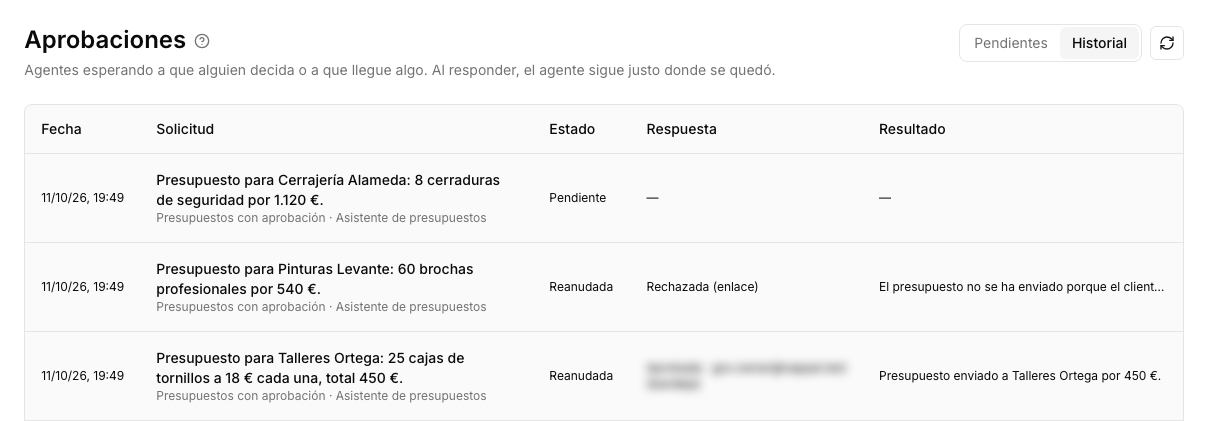 History tab with three quote requests: one still pending, one rejected from the link and one approved from the inbox, with the agent's answer under Result