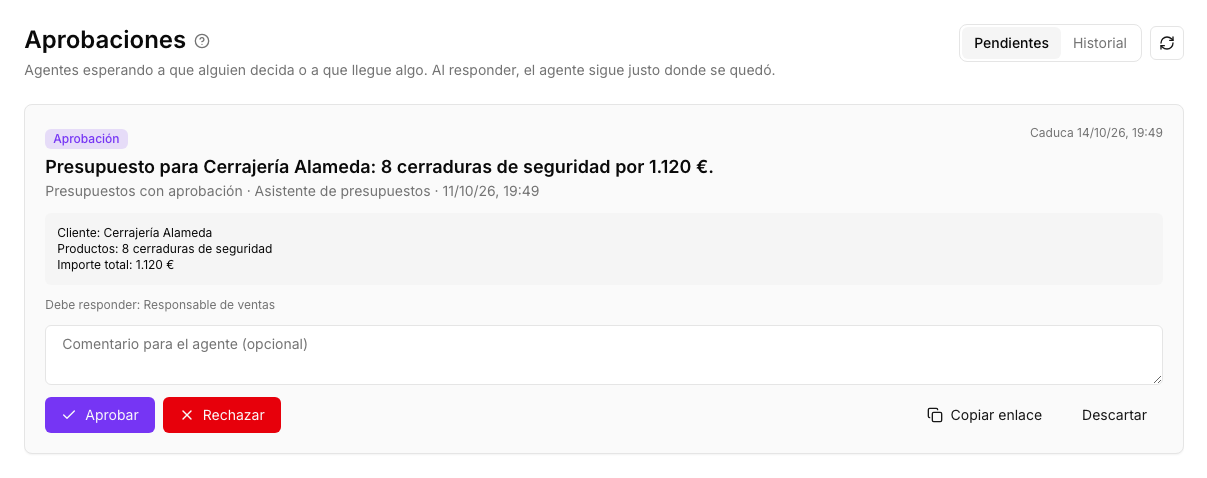 Pending tab of Approvals with a quote request waiting for the sales manager's decision, with the comment box and the Approve and Reject buttons