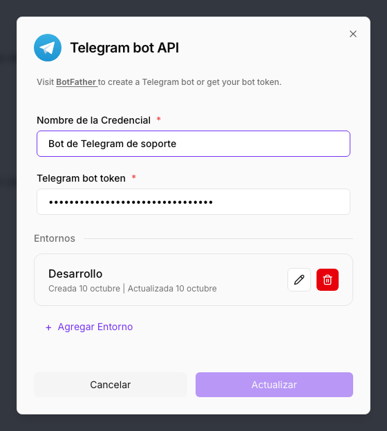 The Environments section of a credential, with its own values for Desarrollo and the Add Environment link