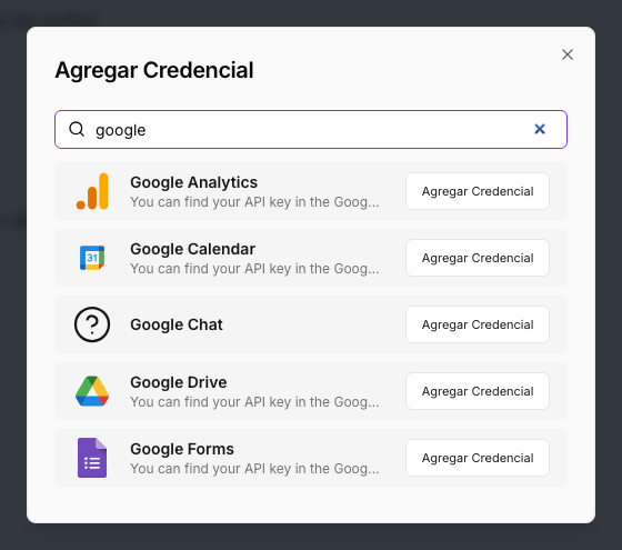 The list of services filtered by "google": each service with its Add Credential button