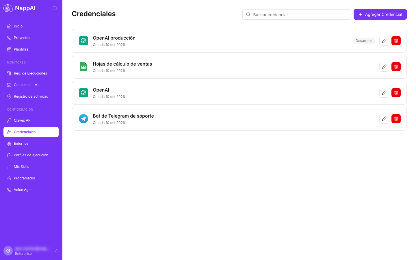 The Credentials page with four credentials; the first one shows the label of the Desarrollo environment, which has its own values