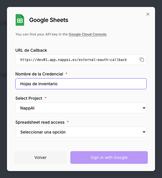 A Google Sheets credential: the Callback URL, the name and the options, with the button to sign in