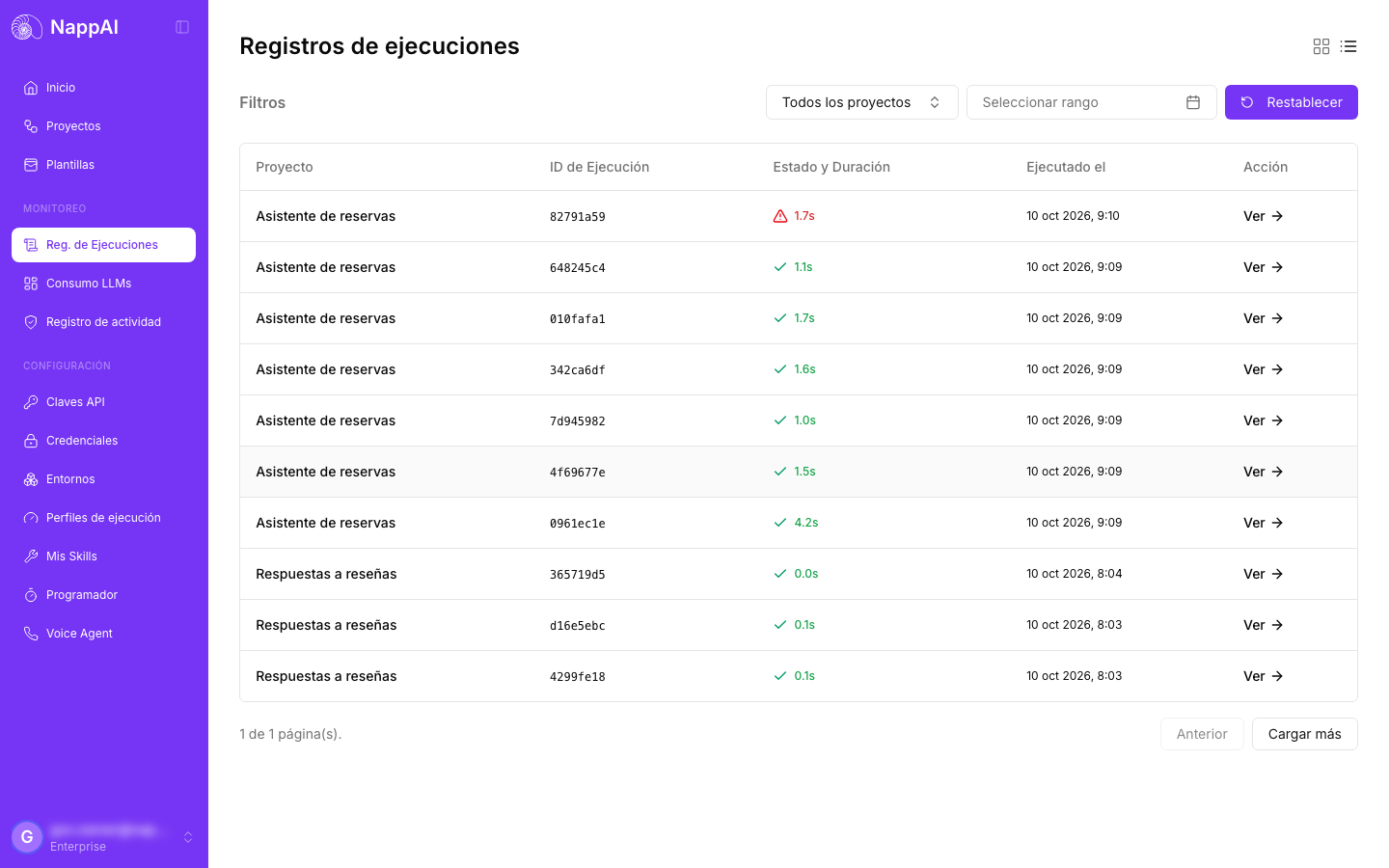 The executions log: a table with the flow, the run ID, the status with its duration, the date and the View button of each run