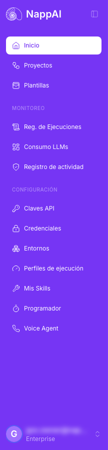 The side menu with its three groups: the main screens, Monitoring and Configuration