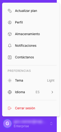 The user menu: Upgrade Plan, Profile, Storage, Notifications, Contact us, Theme, Language and Logout