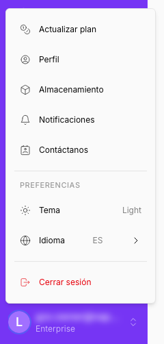 Your user menu in the sidebar: Upgrade Plan, Profile, Storage, Notifications, Contact us, the theme and language preferences, and Logout