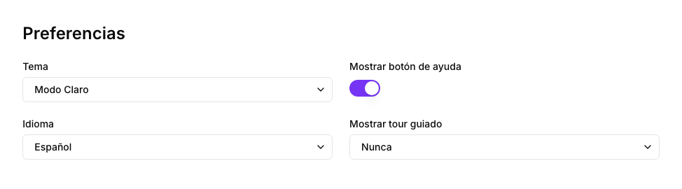 The Preferences section: Theme, Language, Show help button and Show guided tour