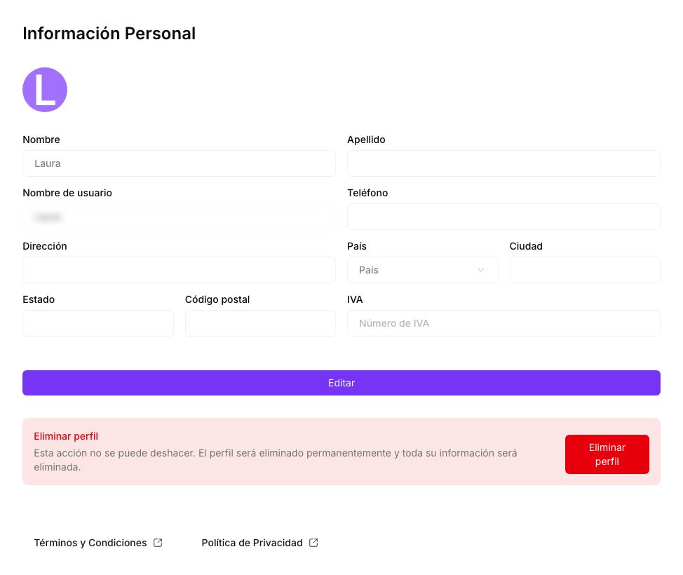 The Profile section: the photo, the personal detail fields, the Edit button and the area to delete the profile