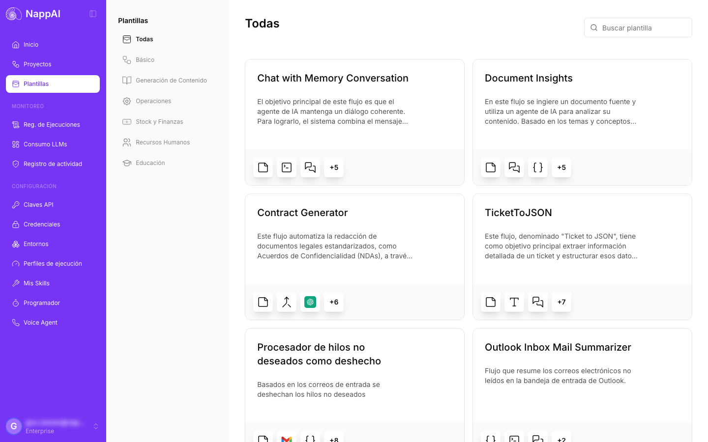 The Templates screen: the categories on the left and the template cards