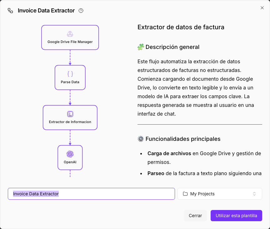 A template preview: the flow diagram on the left, its explanation on the right and, at the bottom, the project name and the target folder