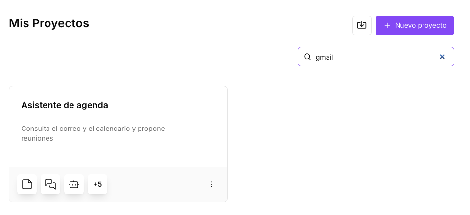 Searching for gmail finds the Asistente de agenda project, which uses a Gmail component