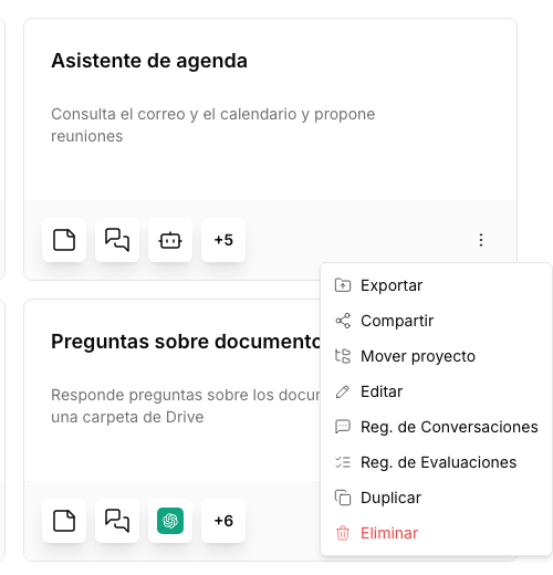 A project's menu: Export, Share, Relocate project, Edit, Conversation Reg., Eval. Registry, Duplicate and Remove