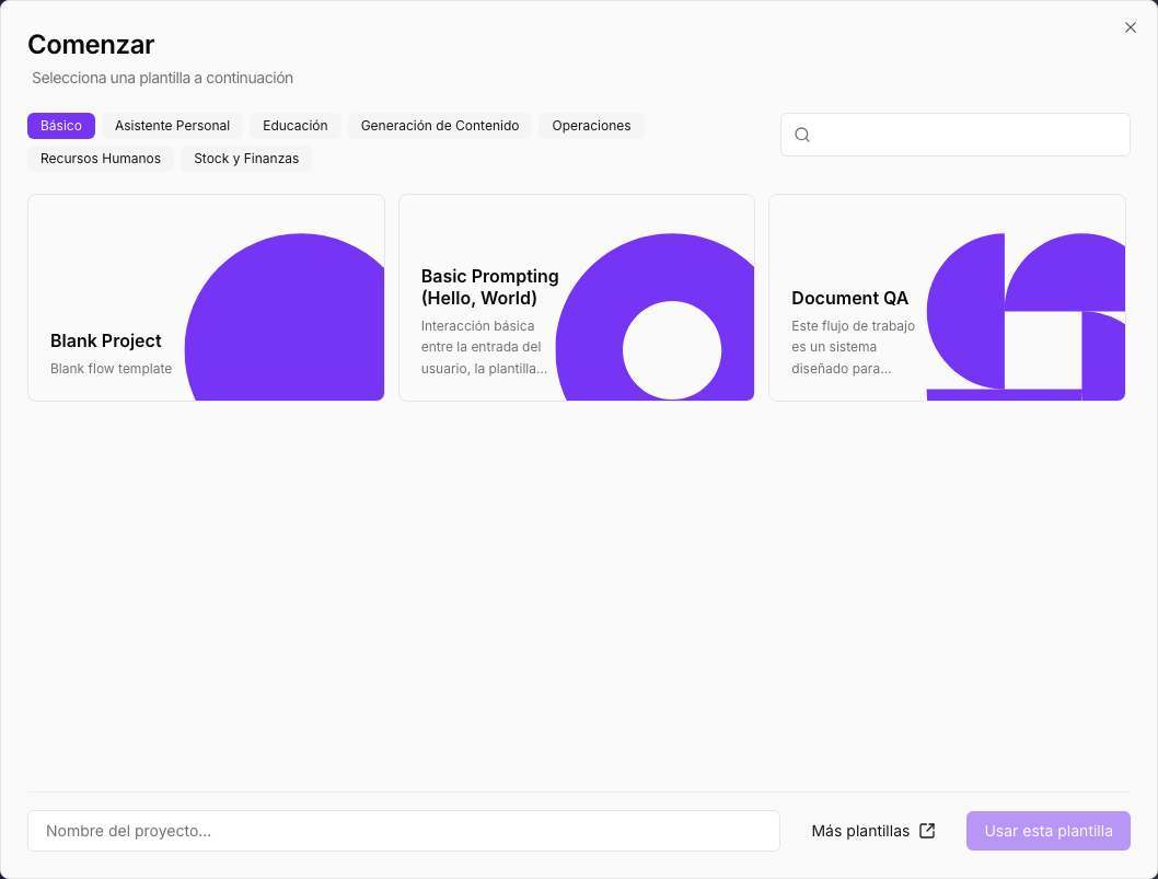 The Get Started window: the template categories, Blank Project and other basic templates, the project name and Use this template