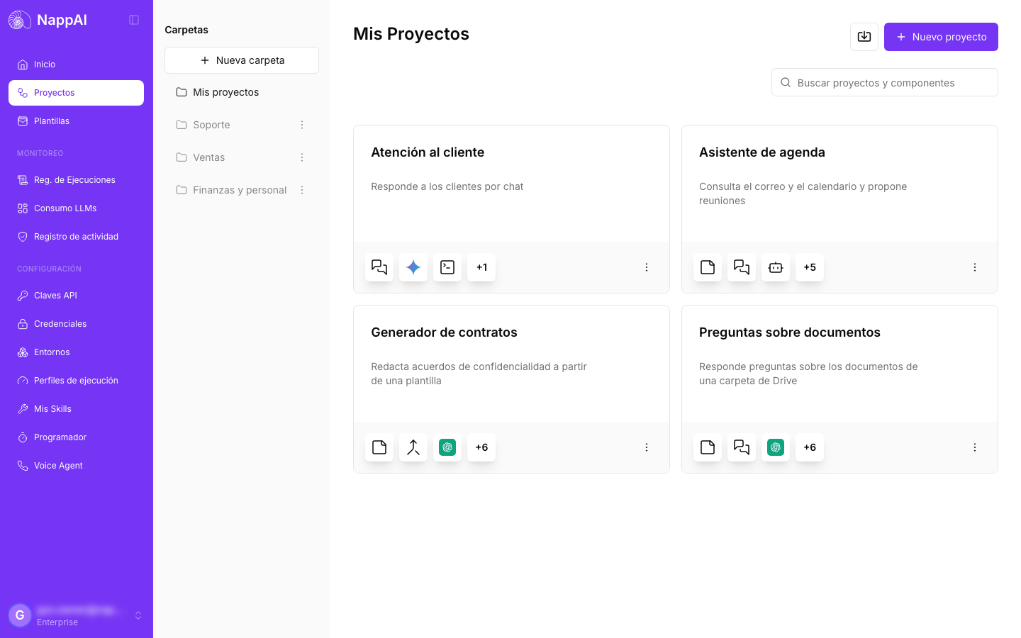 The Projects screen: the folders on the left and the cards of the projects in My projects