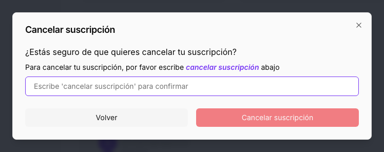 The window to cancel the subscription: you have to type the confirmation text for the button to become active