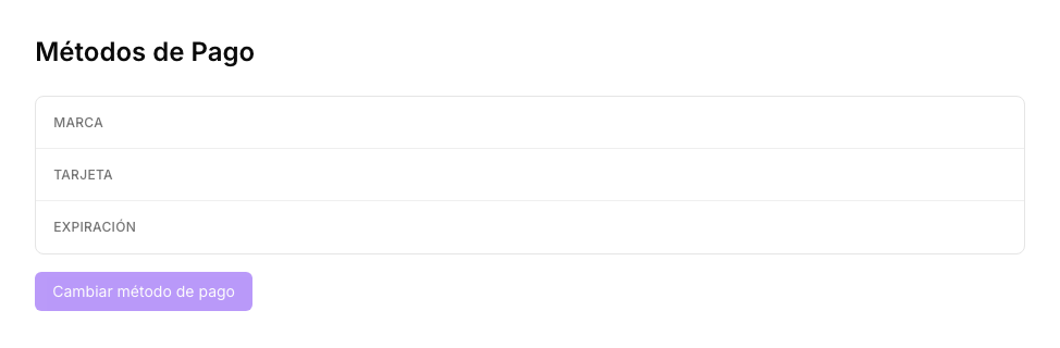 The Payment methods section of an account with no saved card: the empty fields and the Change payment method button disabled