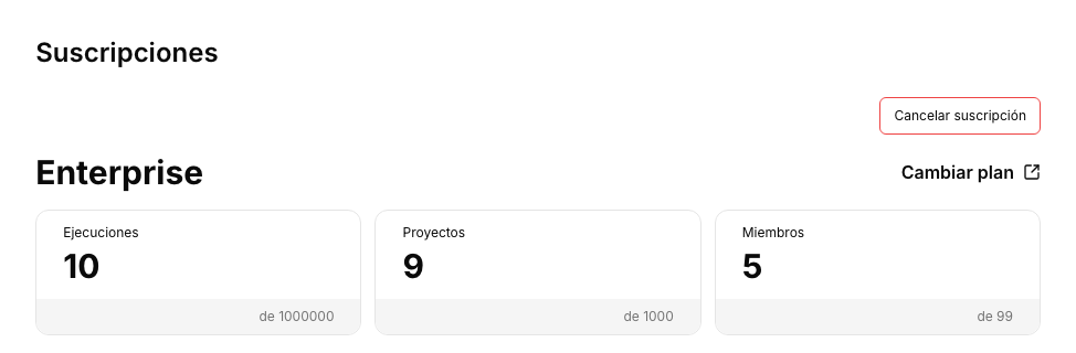 The Subscription section: the plan name, the Cancel subscription and Change plan buttons, and the Runs, Projects and Members cards