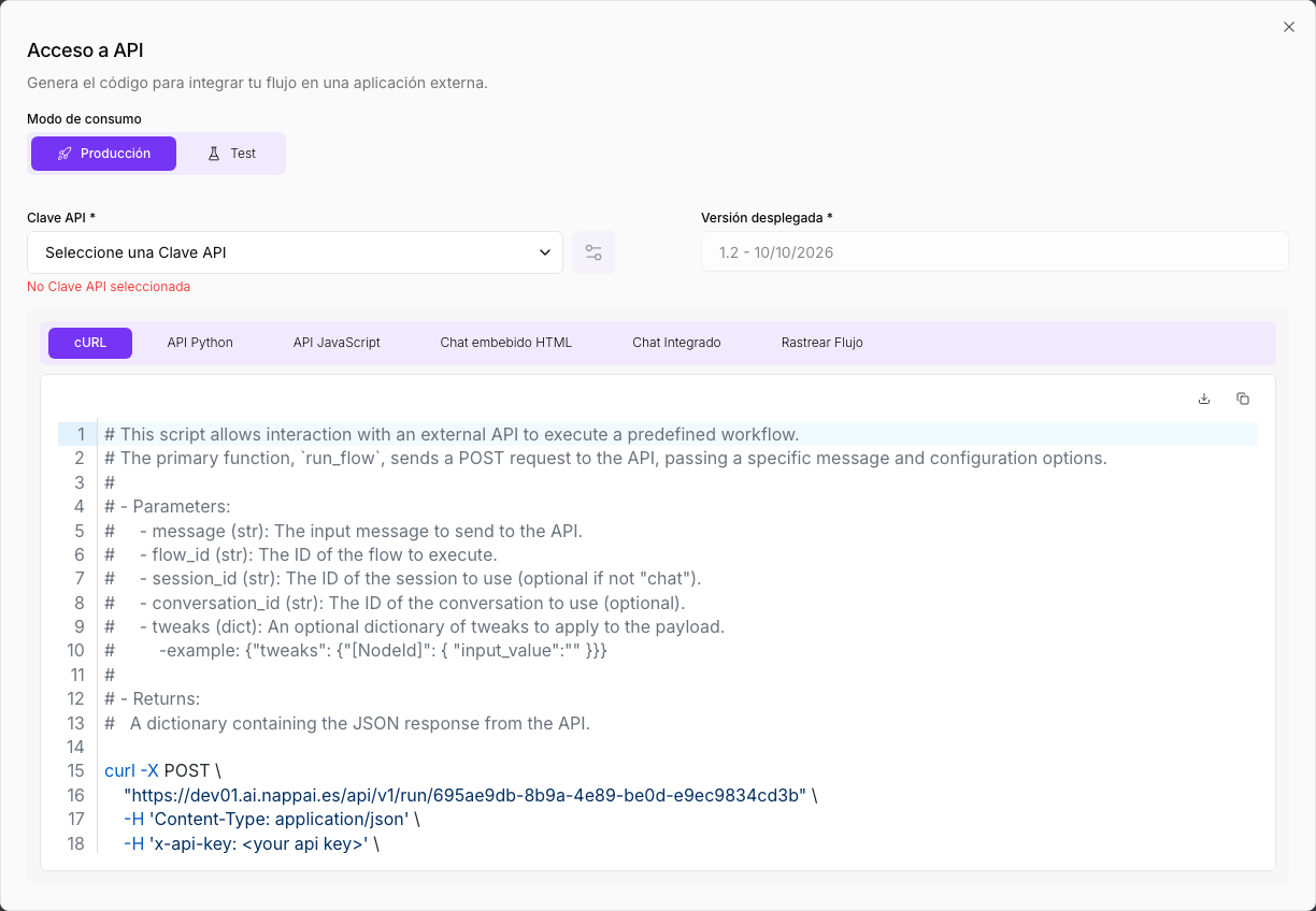 The API Access window in Production mode: the API key, the deployed version and the cURL code