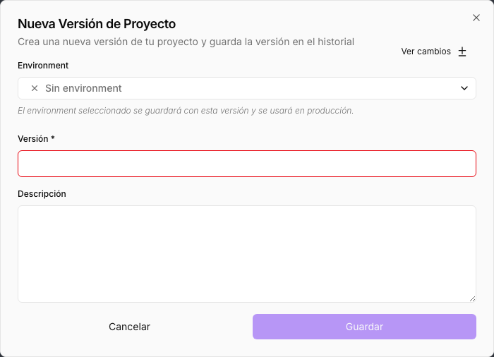 The New project version window: the environment, the version name and the description