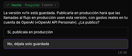 The assistant confirms before publishing to production and explains the consequences