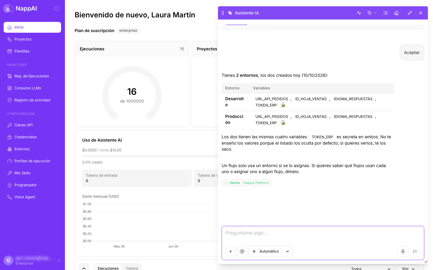 The assistant answers from the home page with the list of the account's environments and their variables