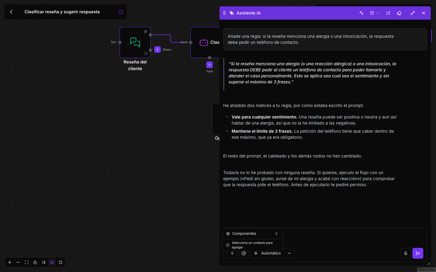 The @ menu: choose a component from the flow as context for the message