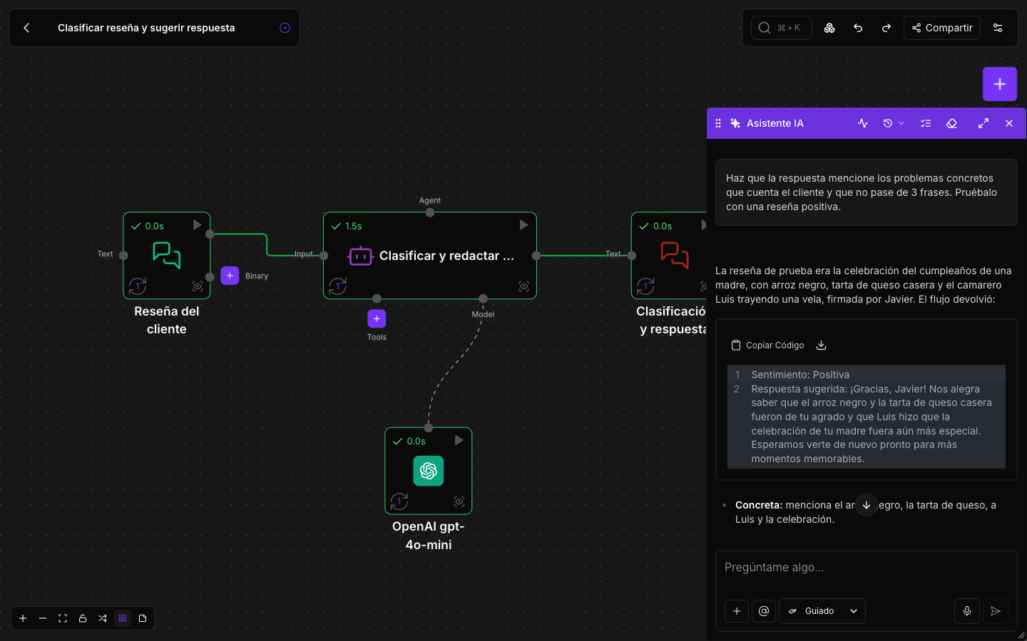 The flow on the canvas after the run, with the test result in the panel: the reply now mentions the details of the review