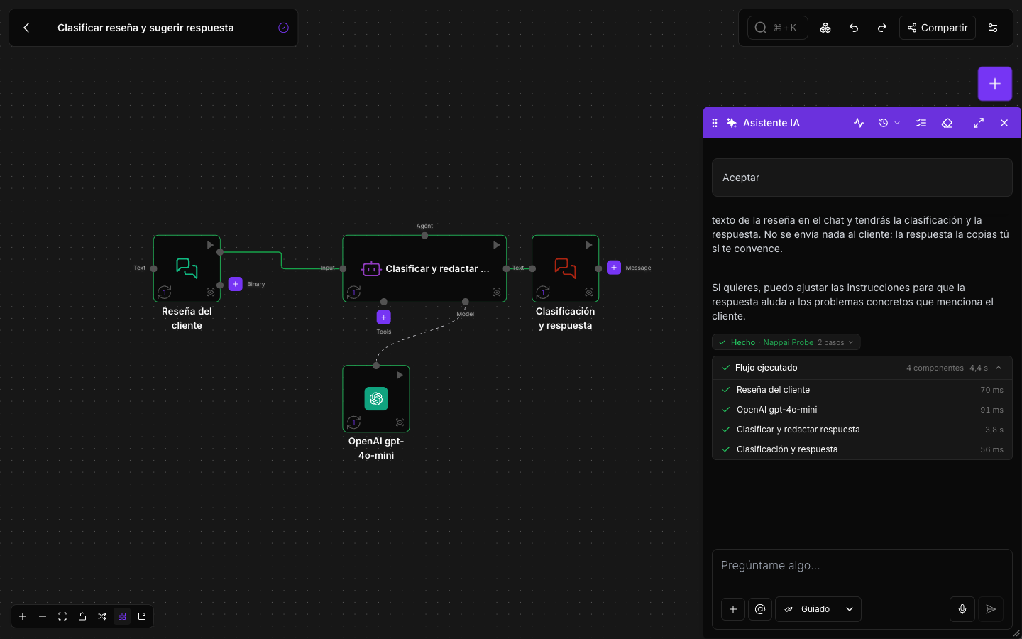 The canvas with the flow the assistant created: the review input, the agent that classifies and drafts, the model and the output