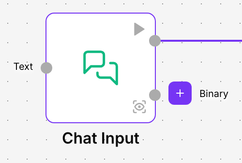 The Chat Input component on the canvas, with the Text input and the Message and Binary outputs