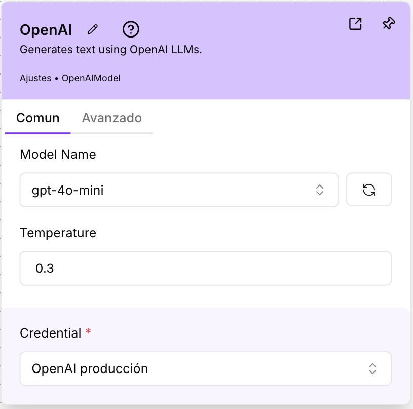 The OpenAI component's panel: Model Name, Temperature and the chosen credential