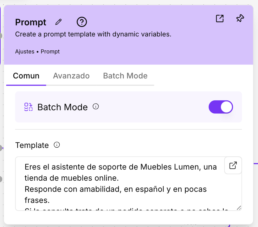 El panel del componente Prompt con el campo Template, que contiene las instrucciones de un asistente de soporte