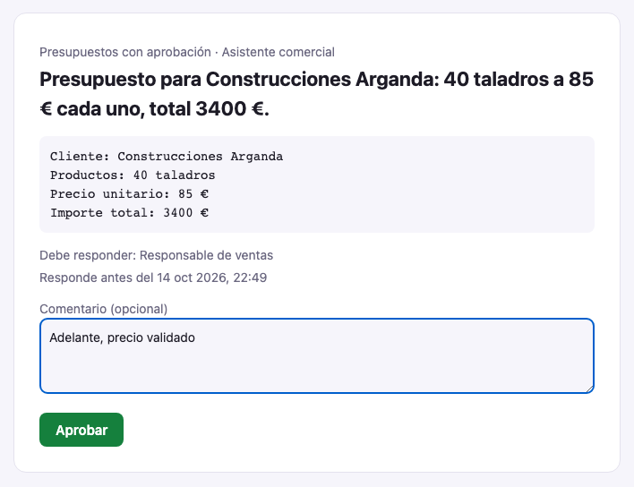 Página de aprobación con el resumen del presupuesto, el comentario "Adelante, precio validado" y el botón Aprobar