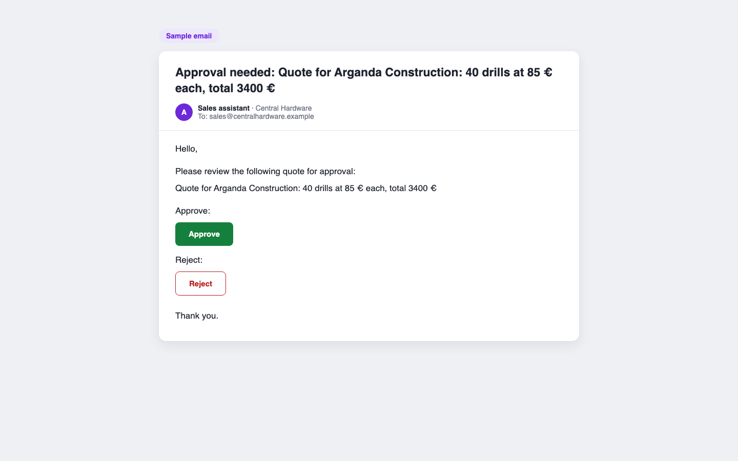 Sample email with the quote summary and the Approve and Reject buttons