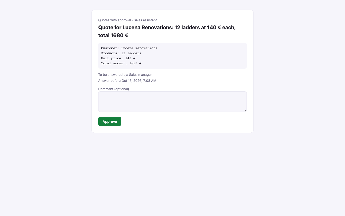 Approval page with the quote summary, an optional comment box and the Approve button