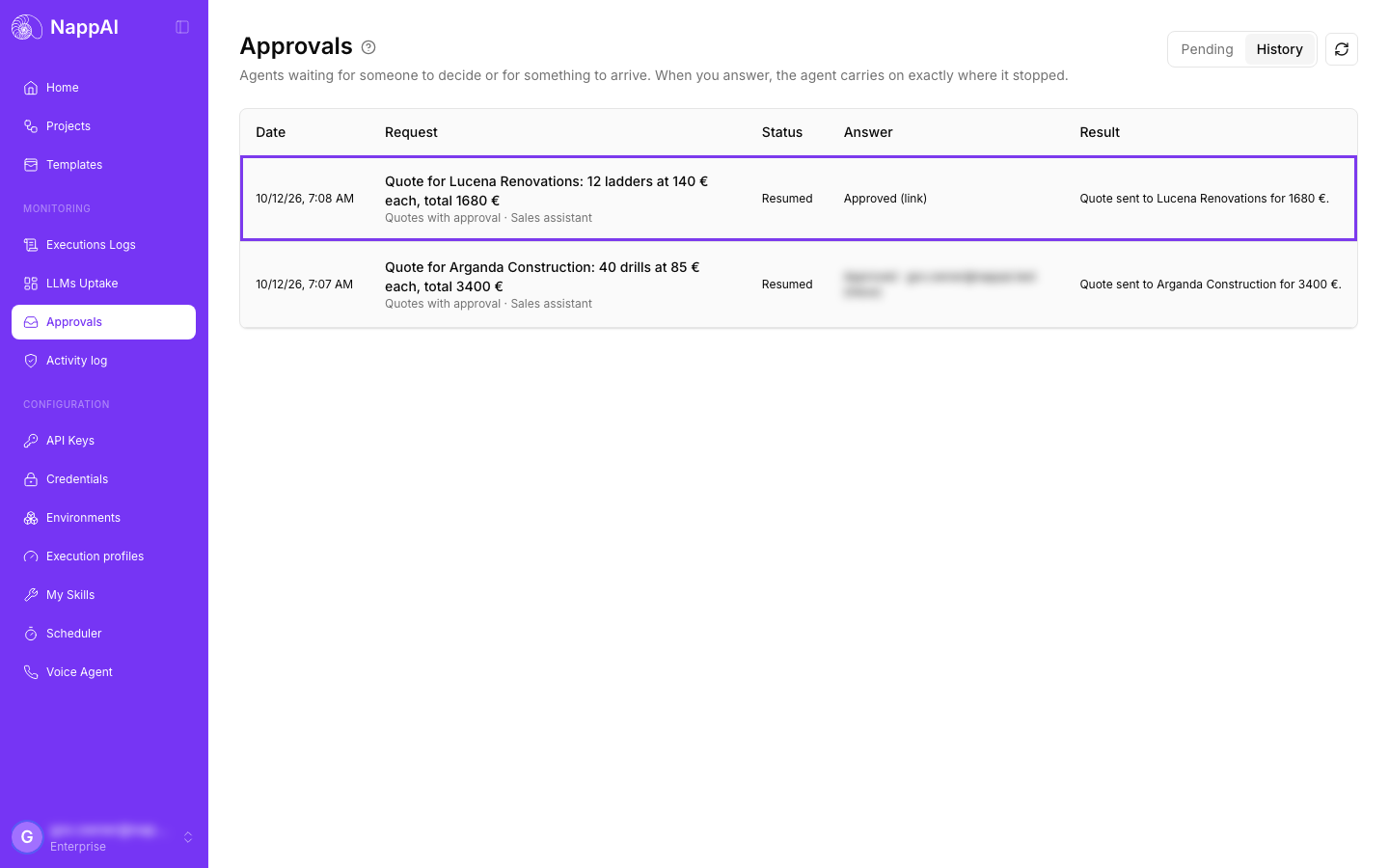 Approvals history with two quotes approved, one from the inbox and one through the link, each with "Quote sent to …" as the result