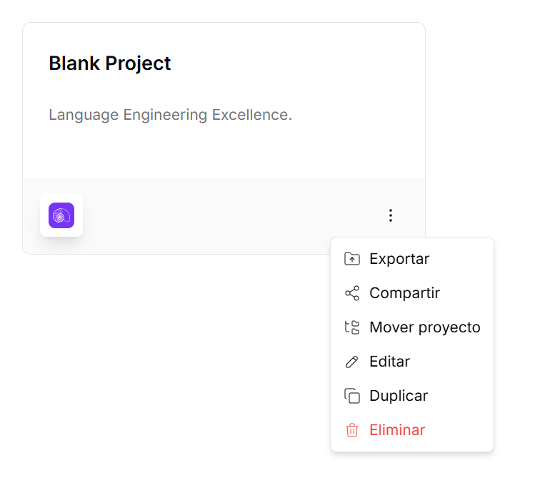 Menú de opciones de un proyecto en NappAI.