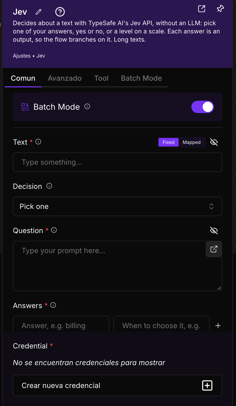 Jev panel: Batch Mode, Text, Decision, Question, Answers and the Credential field with the option to create a new credential