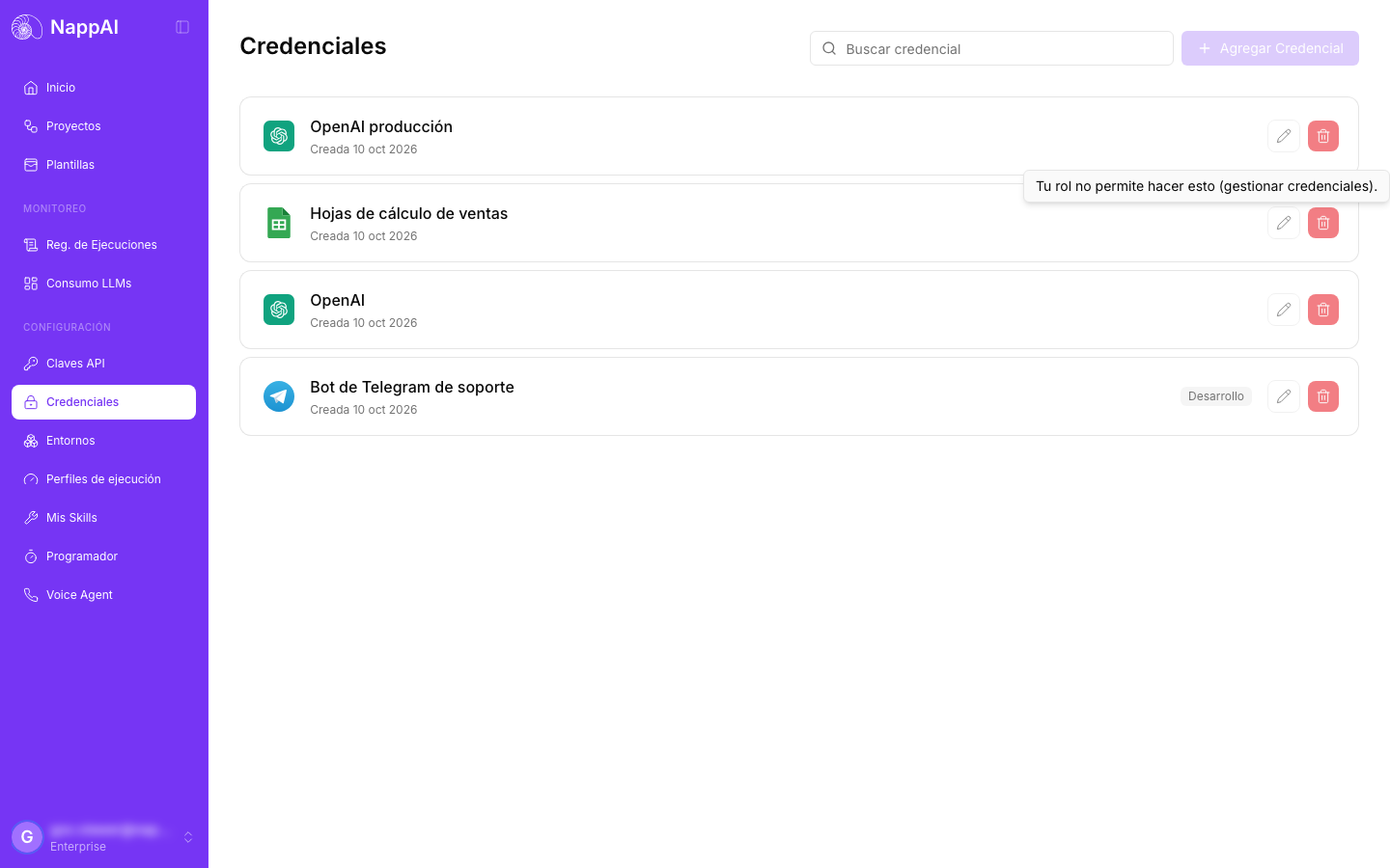 A member with the Viewer role on Credentials: they can see the credentials, but the buttons to create or change them are disabled