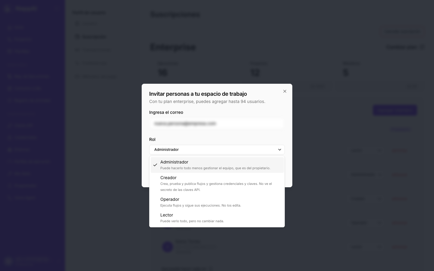 The window to invite people: the email and the role the new member will have
