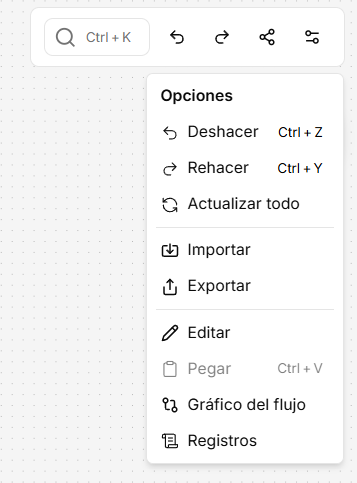 Menú de Opciones en la esquina superior derecha del lienzo de NappAI.