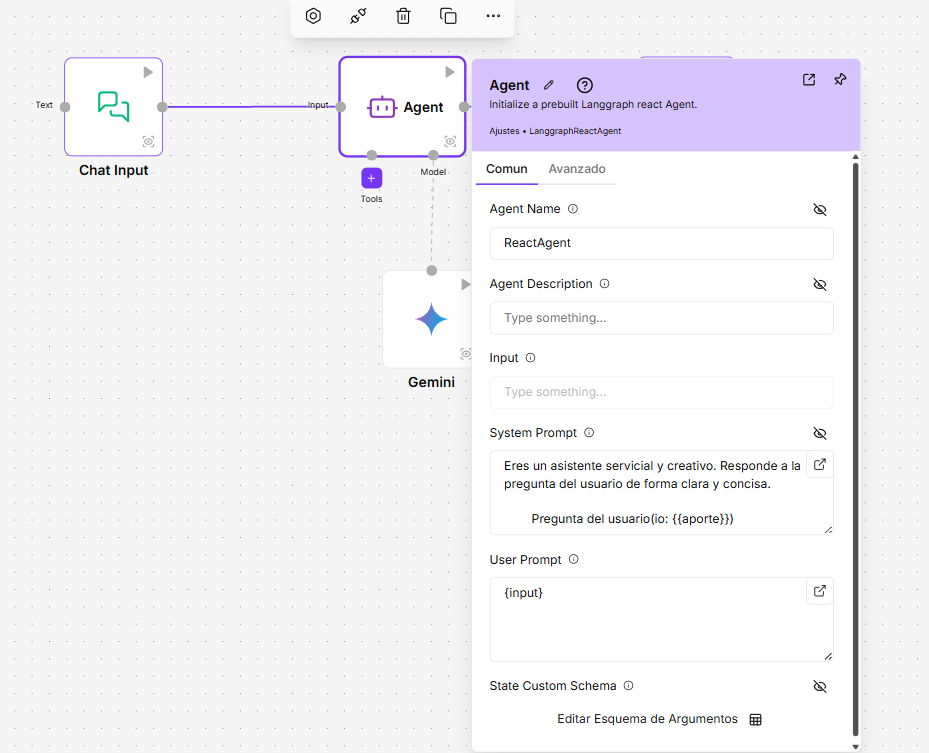 Panel de configuración del componente Agente.