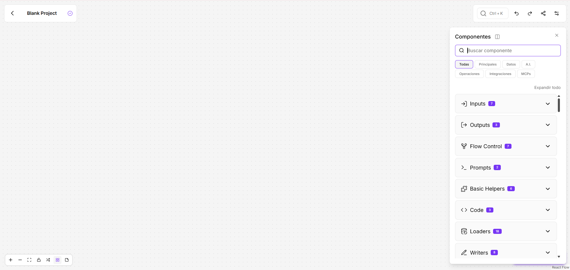 Menú de componentes mostrando las categorías.