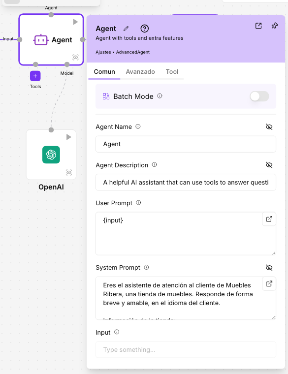 Los ajustes del agente: User Prompt con {input} y el System Prompt con las instrucciones de Muebles Ribera