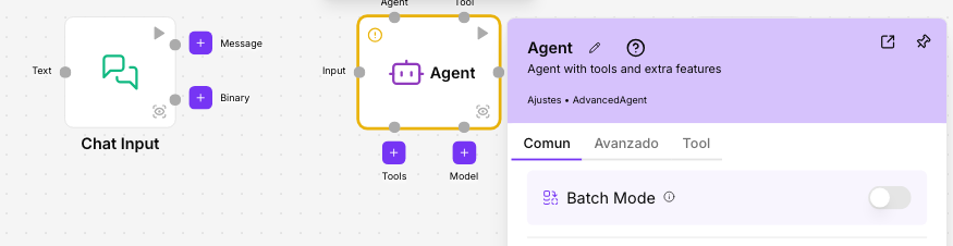 El componente Agent con el punto de conexión Input a la izquierda y, en su panel de ajustes, Batch Mode desactivado