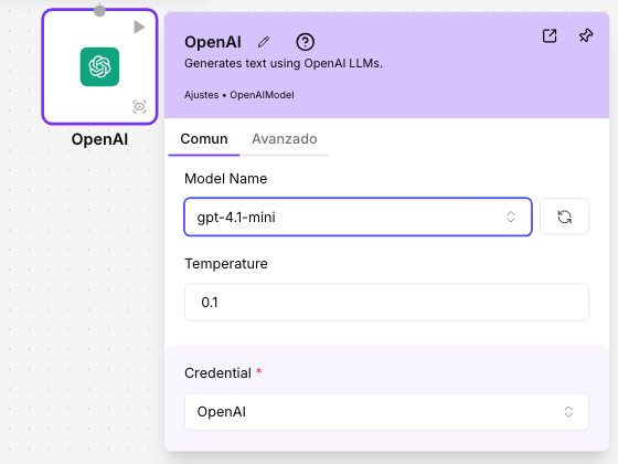 Los ajustes de OpenAI con el modelo elegido en Model Name y la credencial OpenAI en Credential