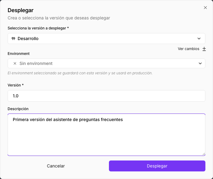 La ventana Desplegar con Desarrollo elegido, la versión 1.0 y su descripción