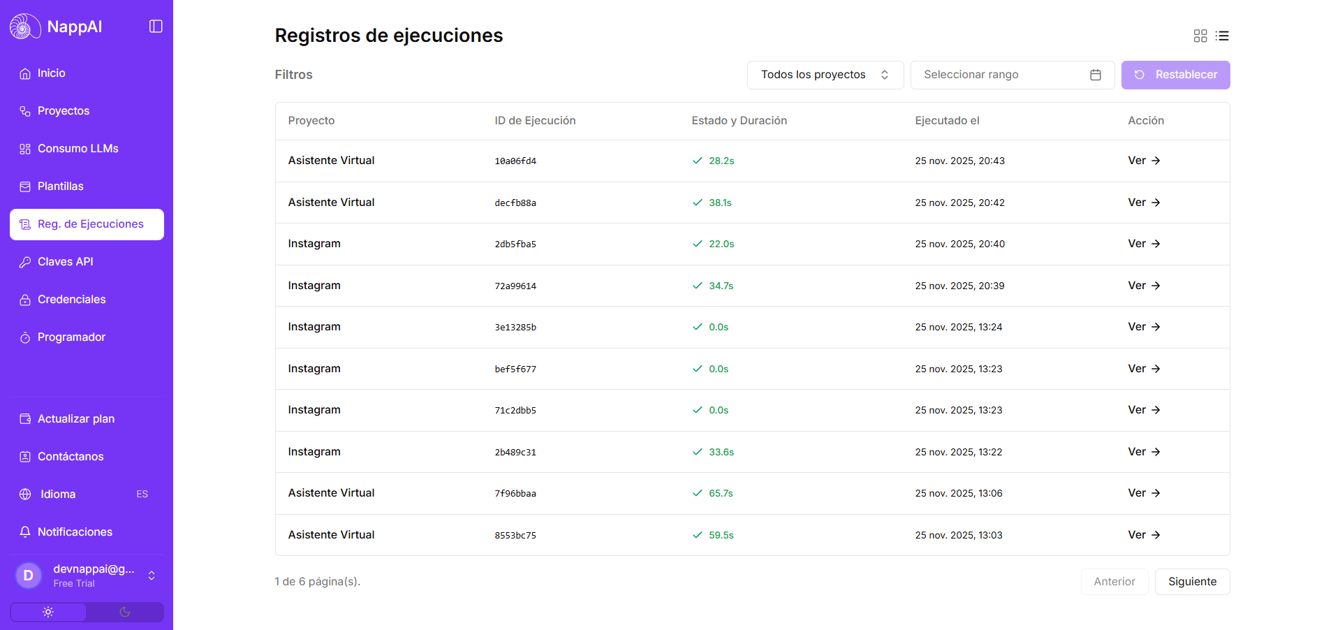 Panel de Registros de Ejecuciones