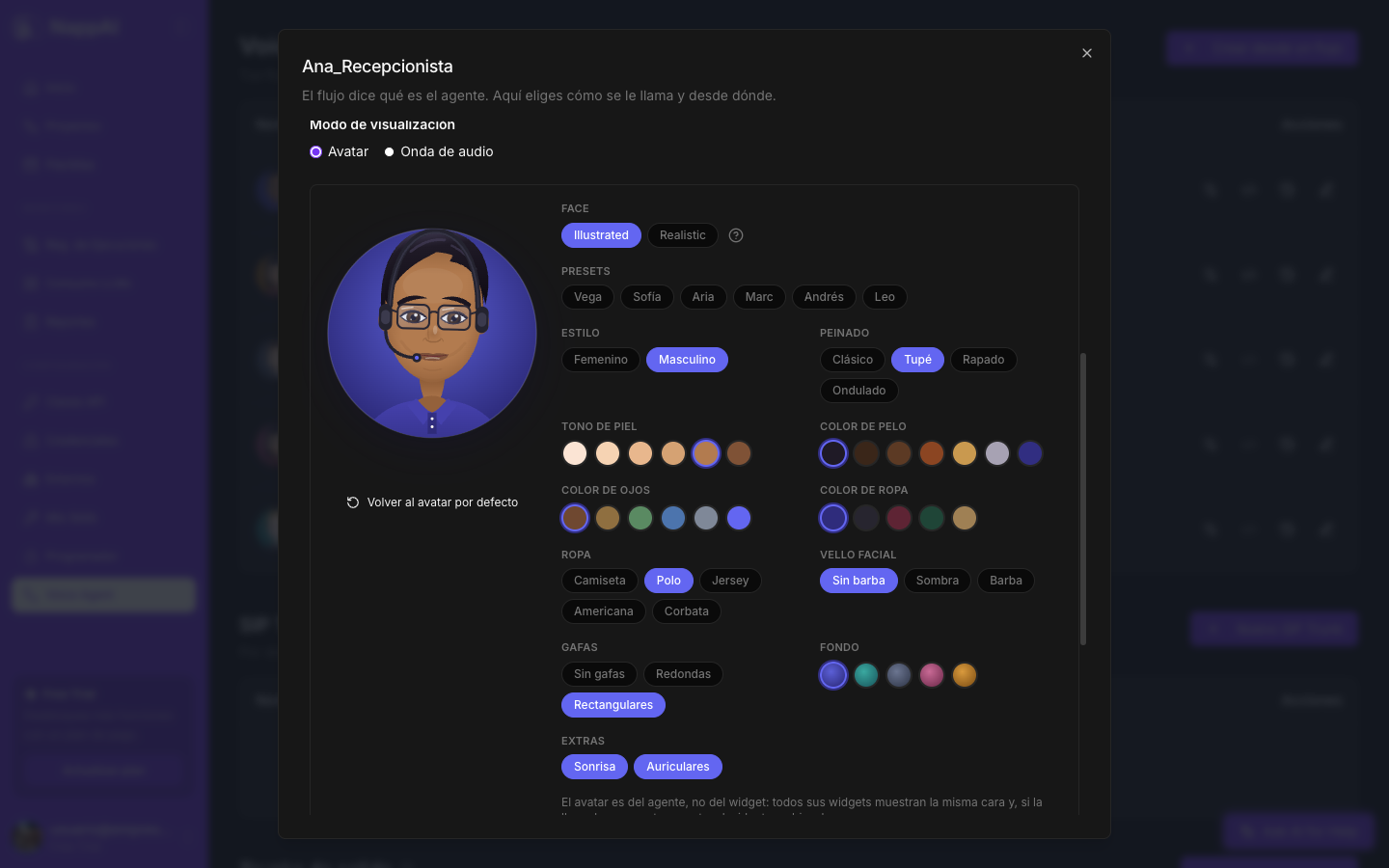 The avatar editor: preview on the left and options for style, hairstyle, skin tone, colors, clothing, glasses, backdrop and extras