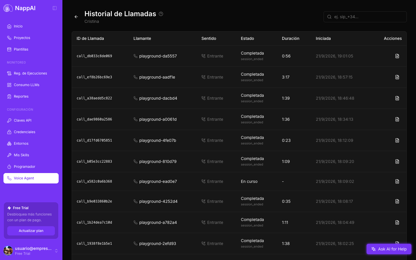 An agent's call history, with ID, caller, direction, status, duration and date